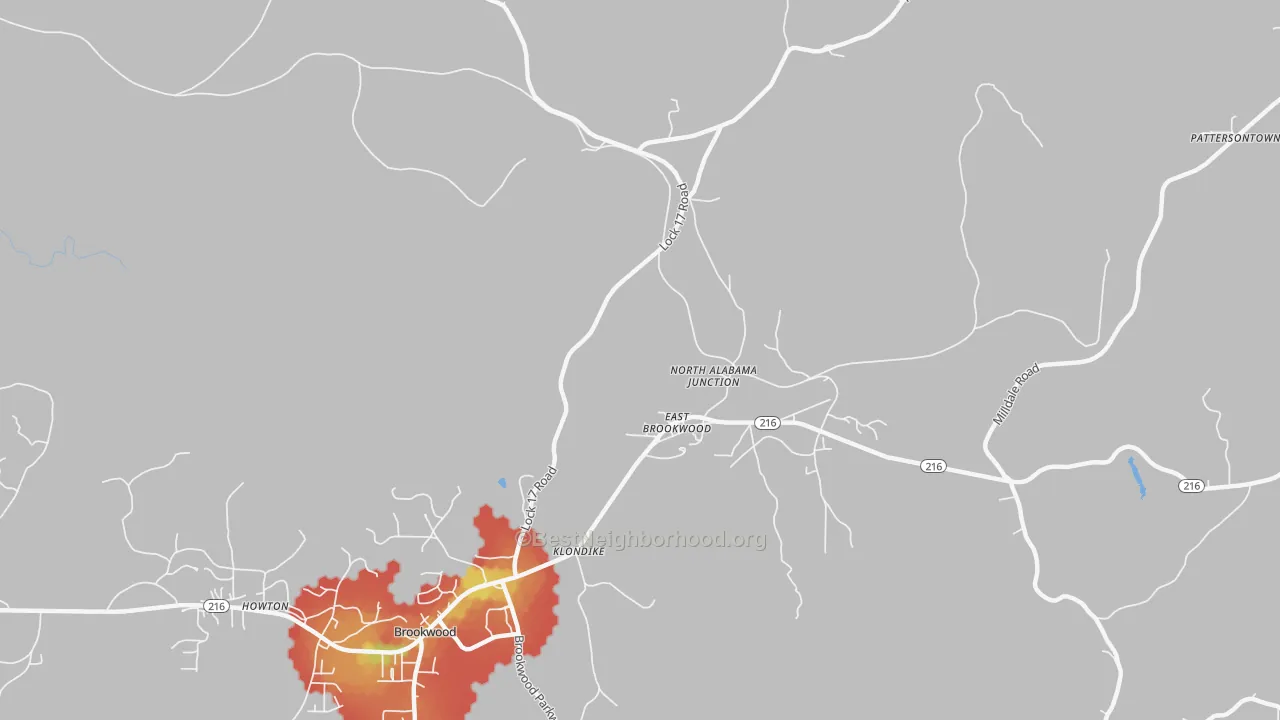Walk Grade map of East Brookwood, AL, walkable areas in green and car-dependent areas in red