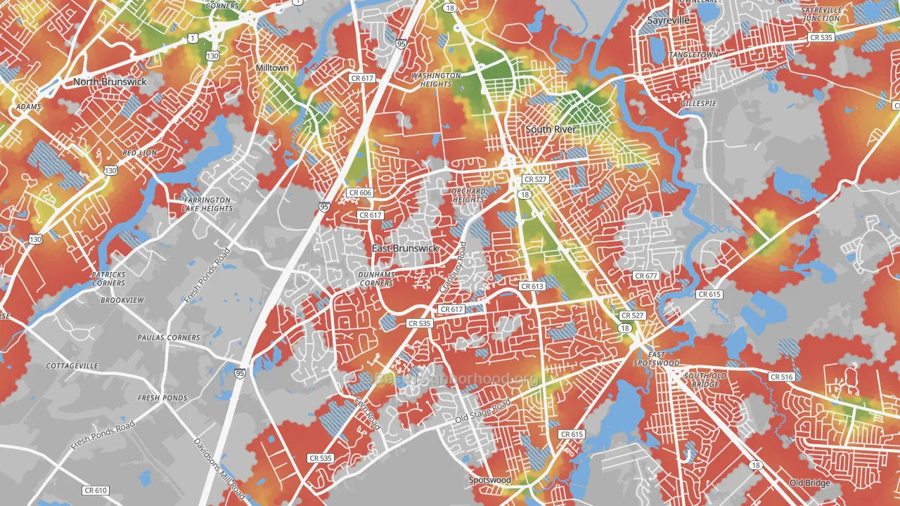 Walk Grade map of East Brunswick, NJ, walkable areas in green and car-dependent areas in red