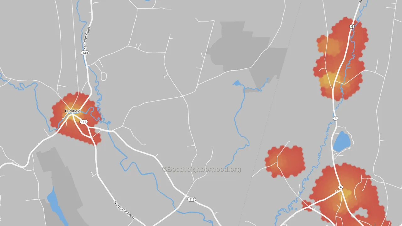 Walk Grade map of East Buckfield, ME, walkable areas in green and car-dependent areas in red