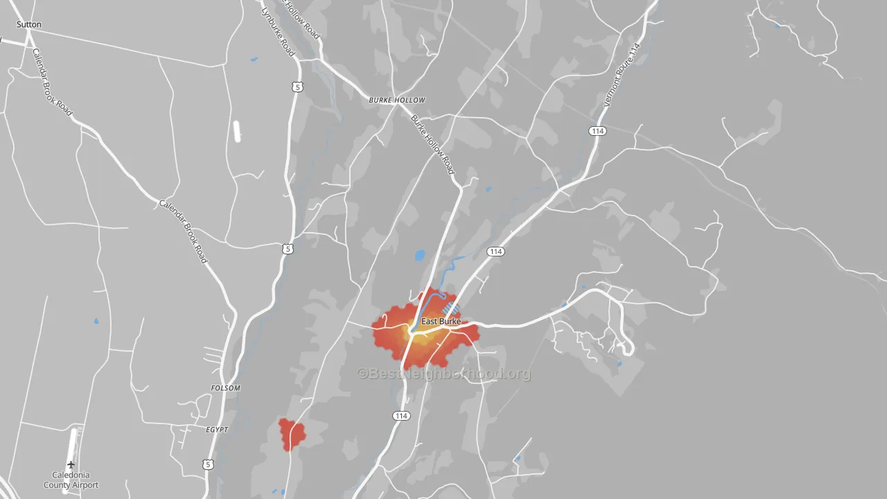 Walk Grade map of East Burke, VT, walkable areas in green and car-dependent areas in red