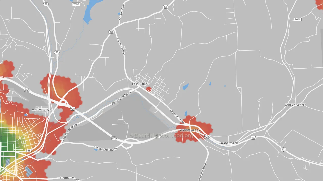 Walk Grade map of East Butler, PA, walkable areas in green and car-dependent areas in red