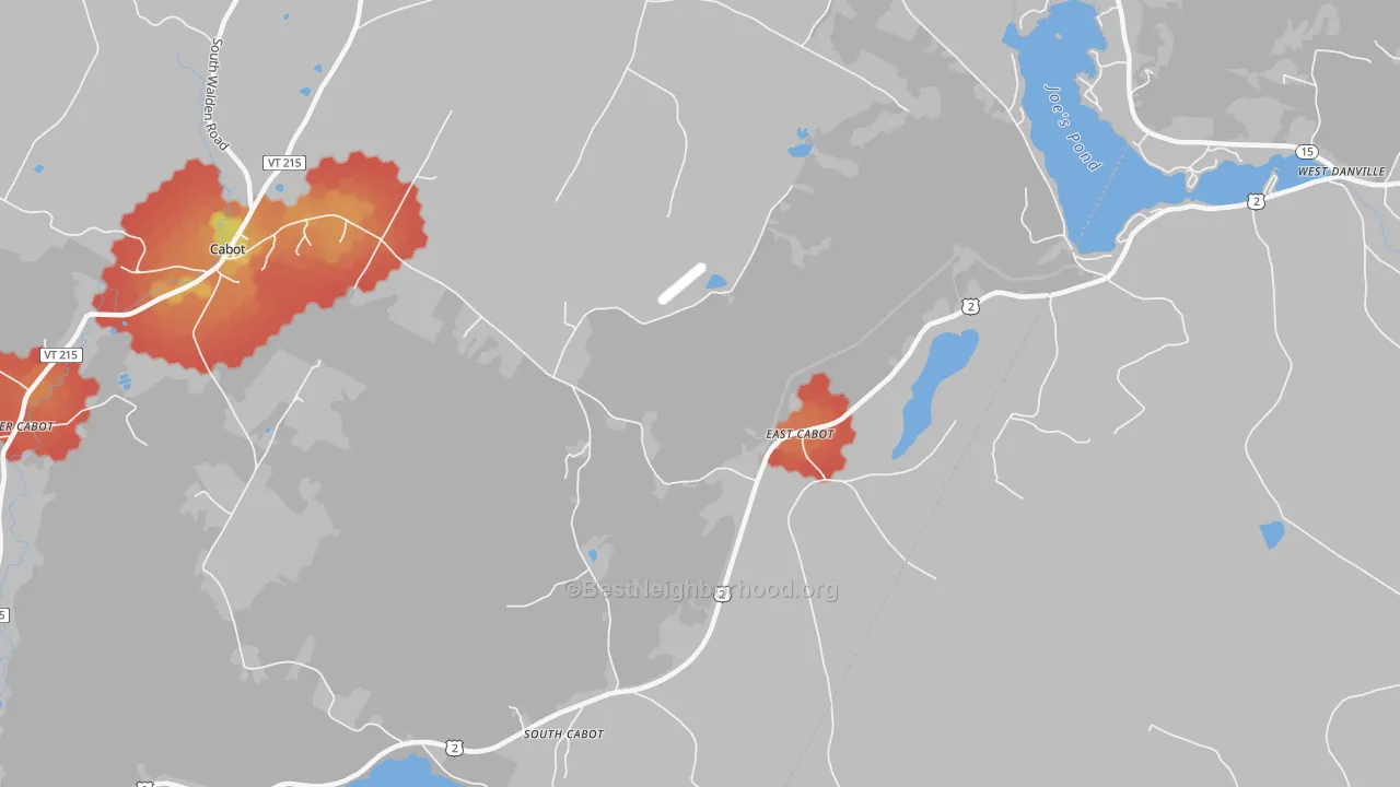Walk Grade map of East Cabot, VT, walkable areas in green and car-dependent areas in red