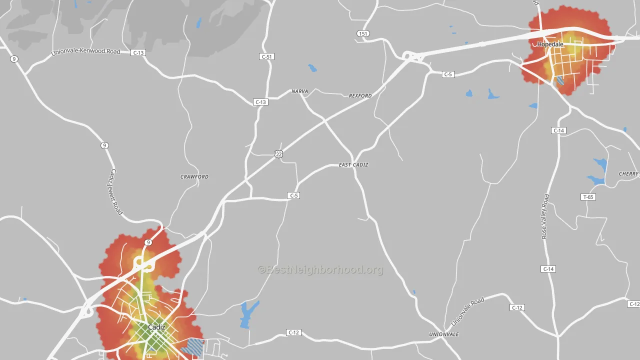 Walk Grade map of East Cadiz, OH, walkable areas in green and car-dependent areas in red