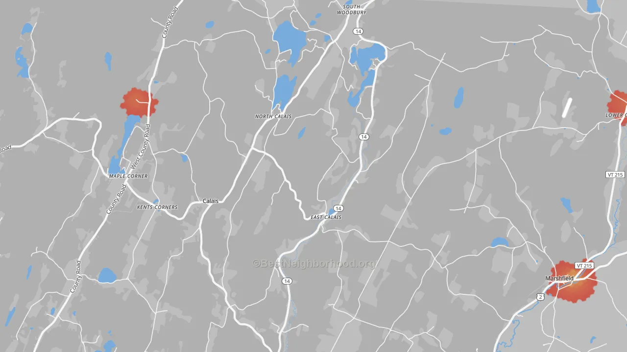 Walk Grade map of East Calais, VT, walkable areas in green and car-dependent areas in red