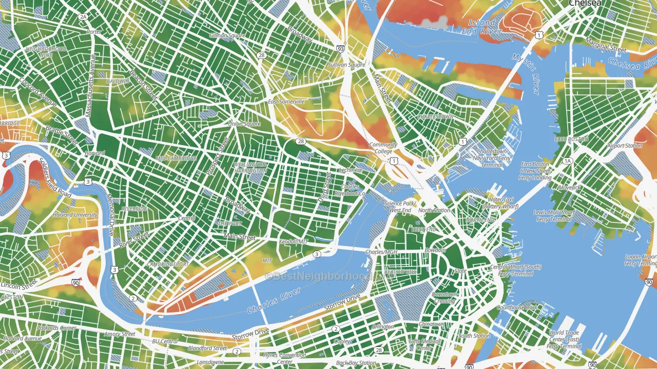 Walk Grade map of East Cambridge, Cambridge, MA, walkable areas in green and car-dependent areas in red