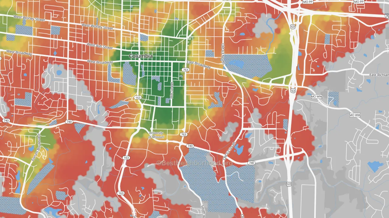 Walk Grade map of East Campus, Columbia, MO, walkable areas in green and car-dependent areas in red