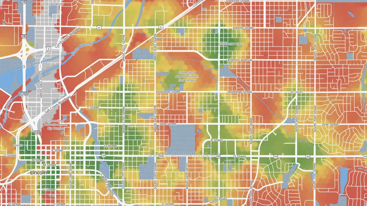 Walk Grade map of East Campus, Lincoln, NE, walkable areas in green and car-dependent areas in red