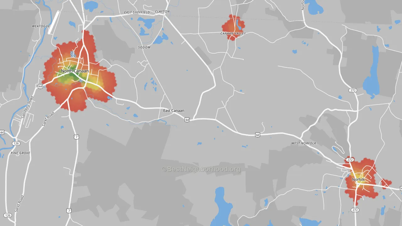 Walk Grade map of East Canaan, CT, walkable areas in green and car-dependent areas in red