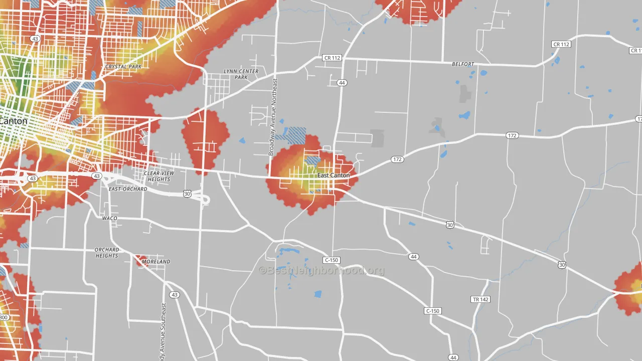 Walk Grade map of East Canton, OH, walkable areas in green and car-dependent areas in red