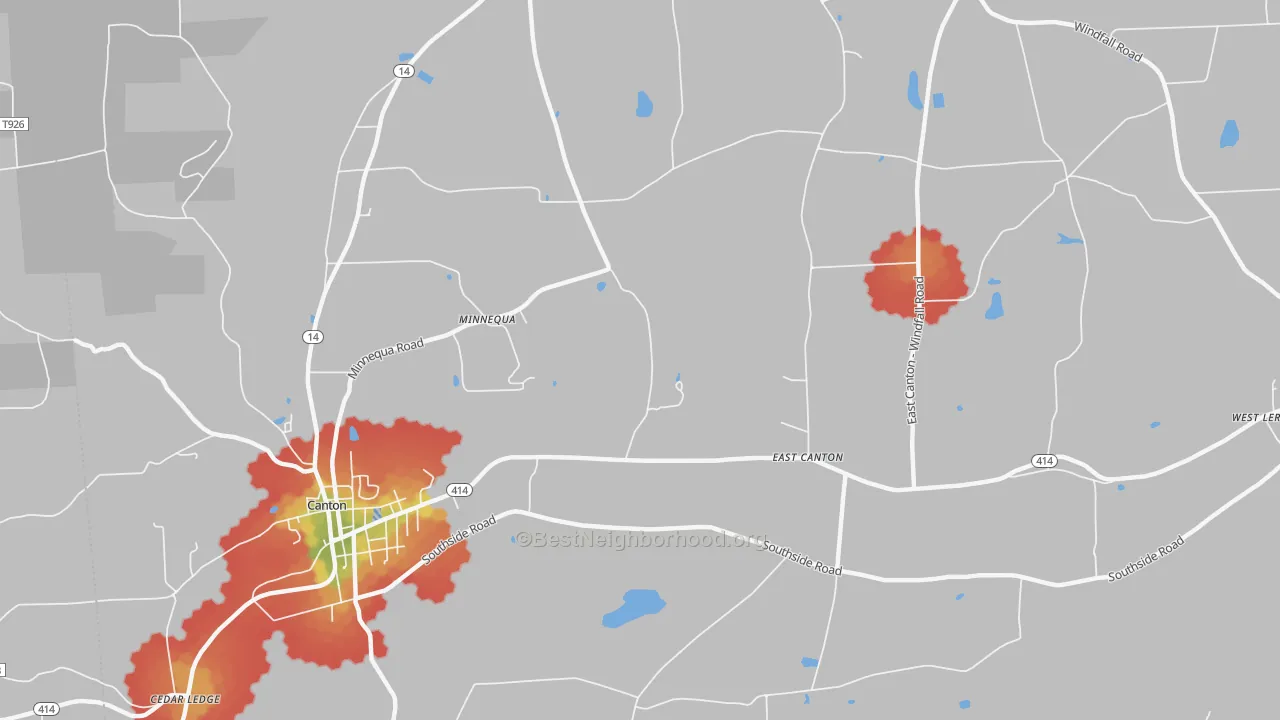 Walk Grade map of East Canton, PA, walkable areas in green and car-dependent areas in red
