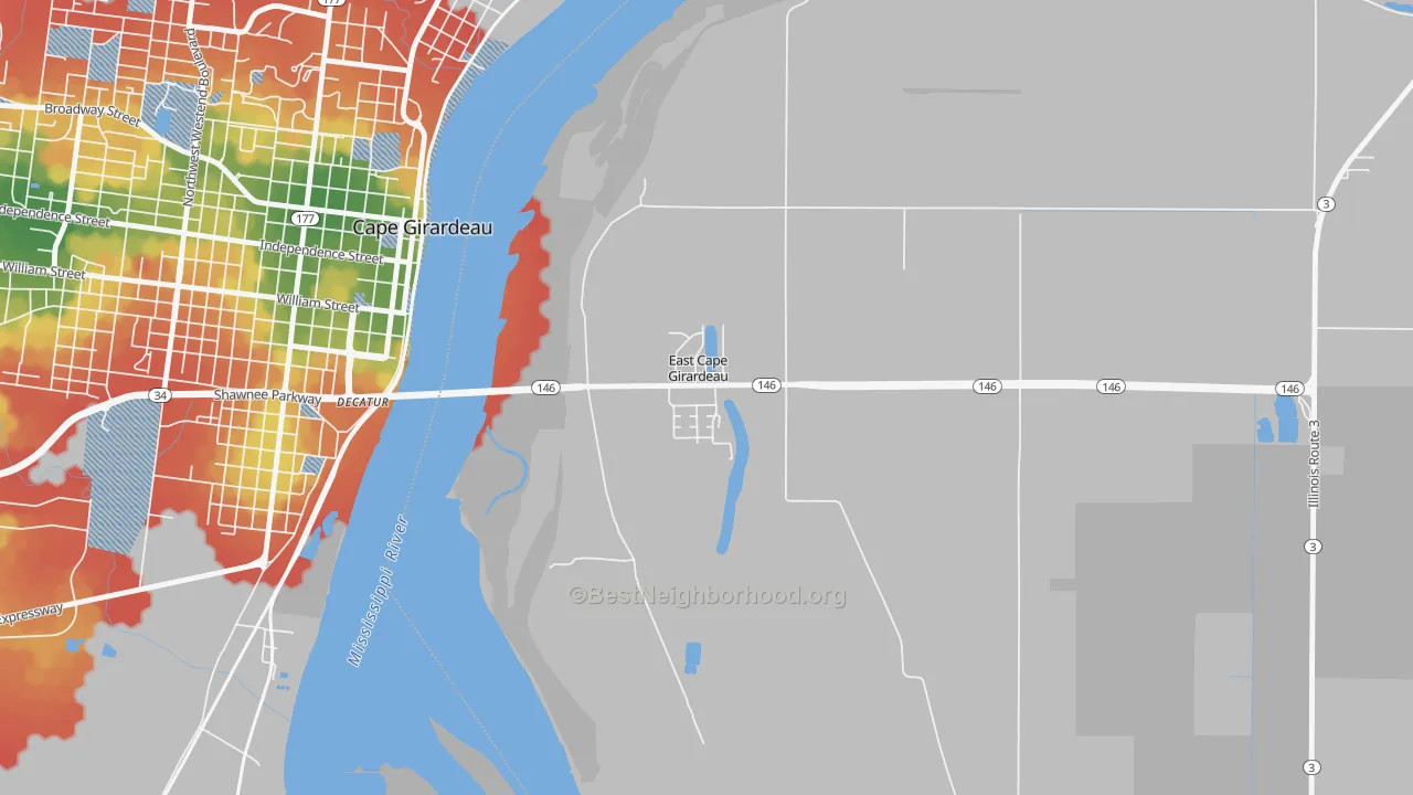Walk Grade map of East Cape Girardeau, IL, walkable areas in green and car-dependent areas in red