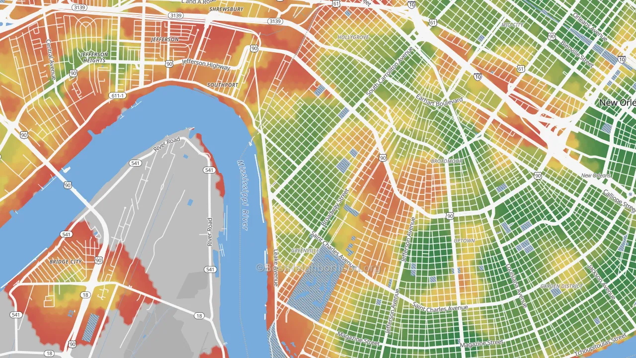 Walk Grade map of East Carollton, New Orleans, LA, walkable areas in green and car-dependent areas in red