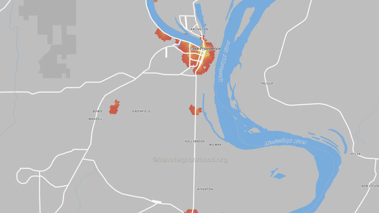 Walk Grade map of East Carroll Parish, LA, walkable areas in green and car-dependent areas in red