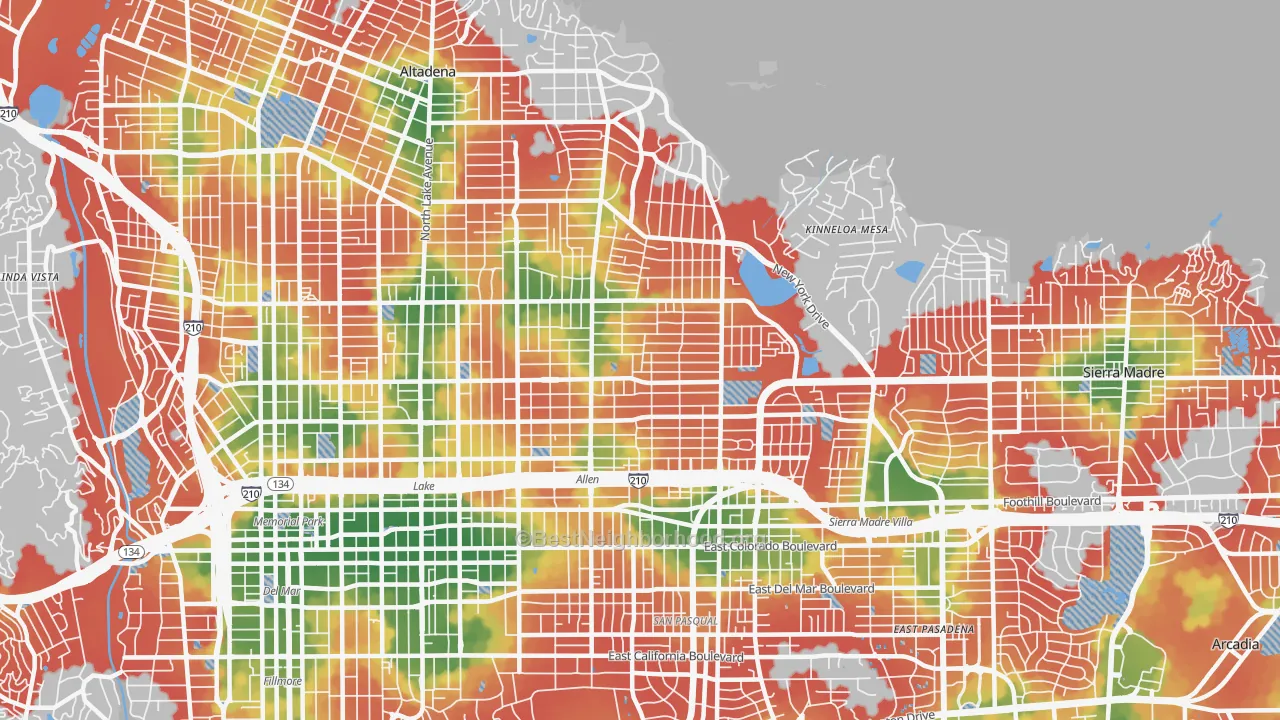Walk Grade map of East Central, Pasadena, CA, walkable areas in green and car-dependent areas in red