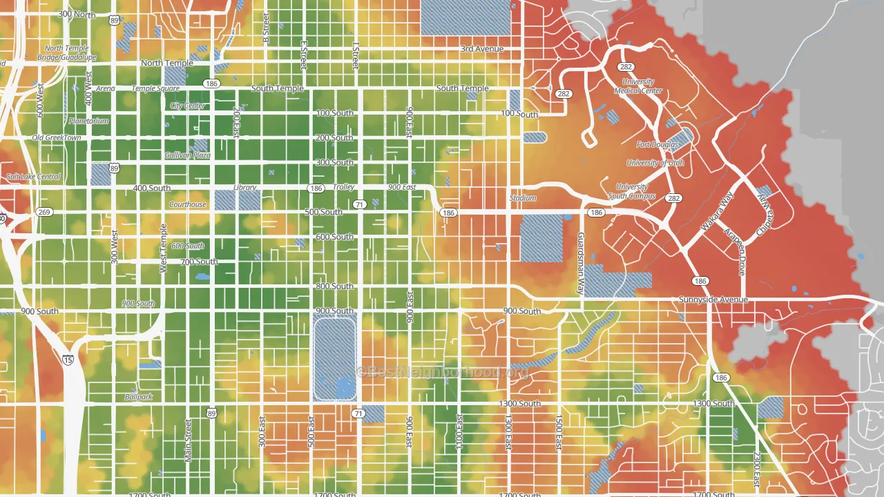 Walk Grade map of East Central, Salt Lake City, UT, walkable areas in green and car-dependent areas in red