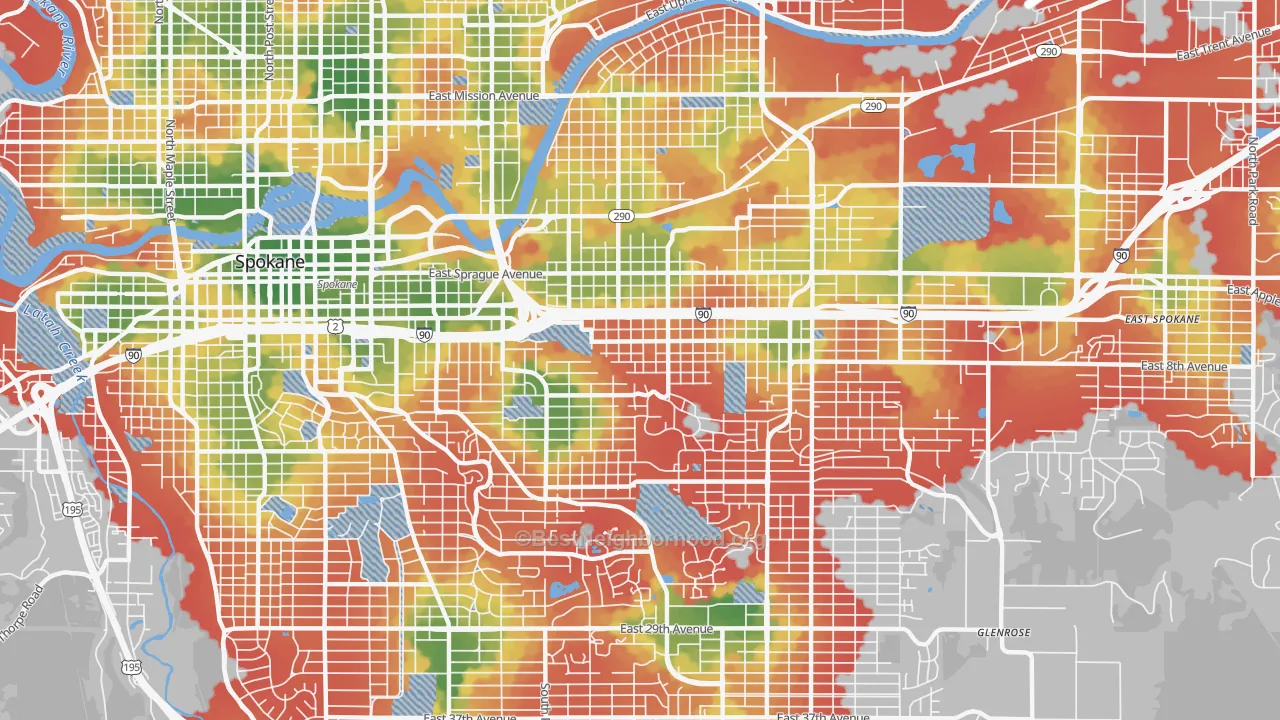 Walk Grade map of East Central, Spokane, WA, walkable areas in green and car-dependent areas in red