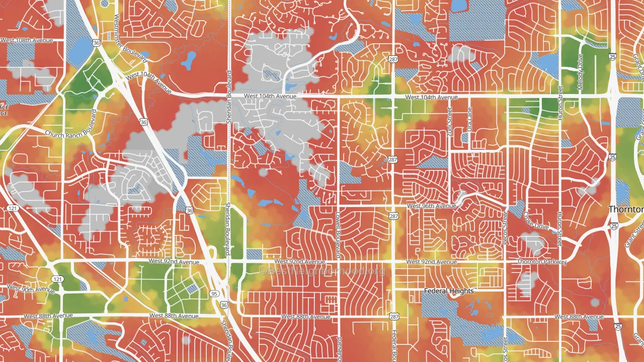 Walk Grade map of East Central Westminster, Westminster, CO, walkable areas in green and car-dependent areas in red