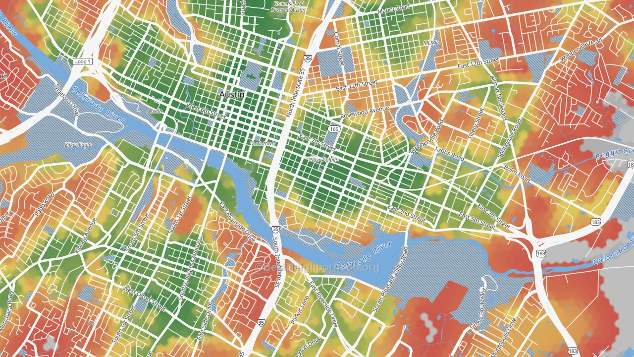 Walk Grade map of East Cesar Chavez, Austin, TX, walkable areas in green and car-dependent areas in red