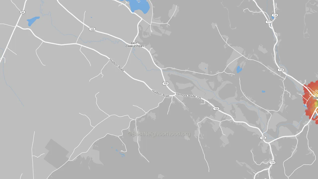 Walk Grade map of East Charleston, VT, walkable areas in green and car-dependent areas in red