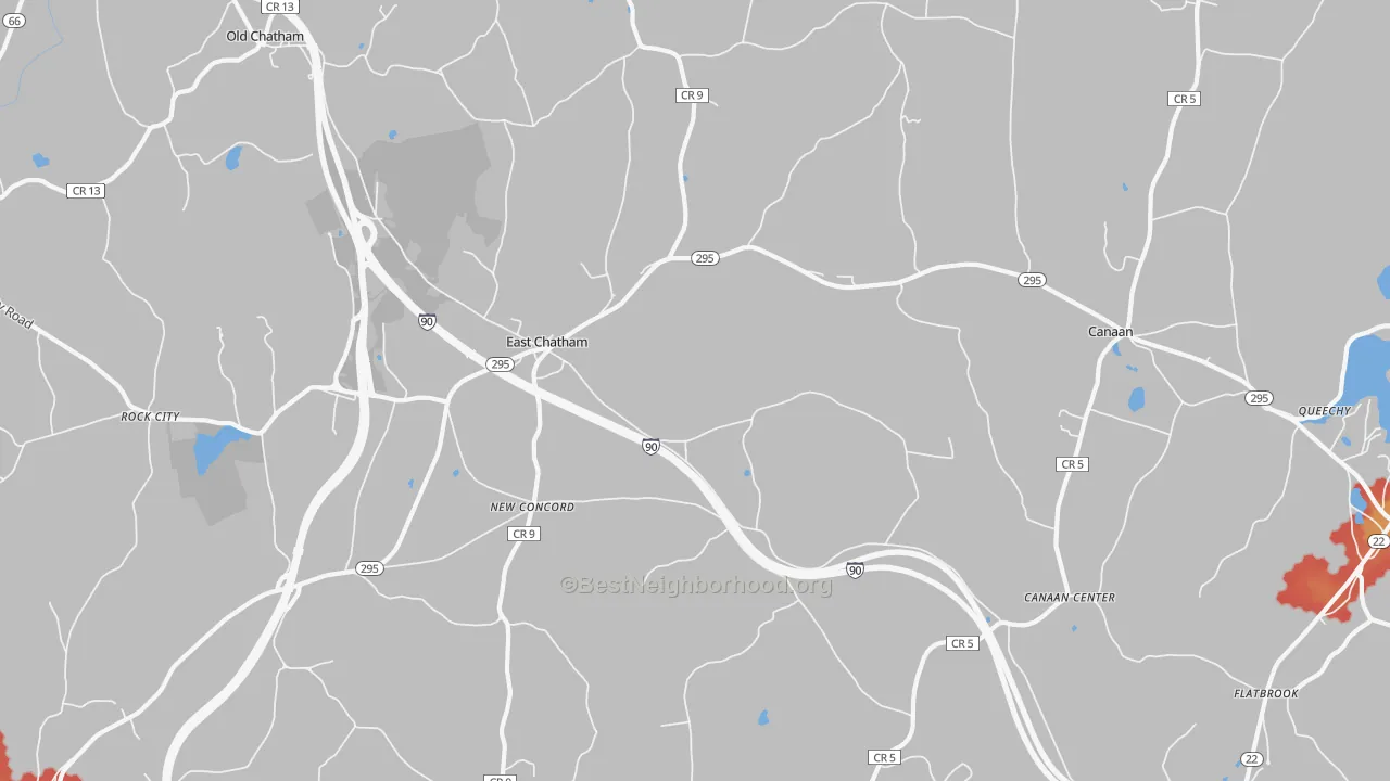 Walk Grade map of East Chatham, NY, walkable areas in green and car-dependent areas in red