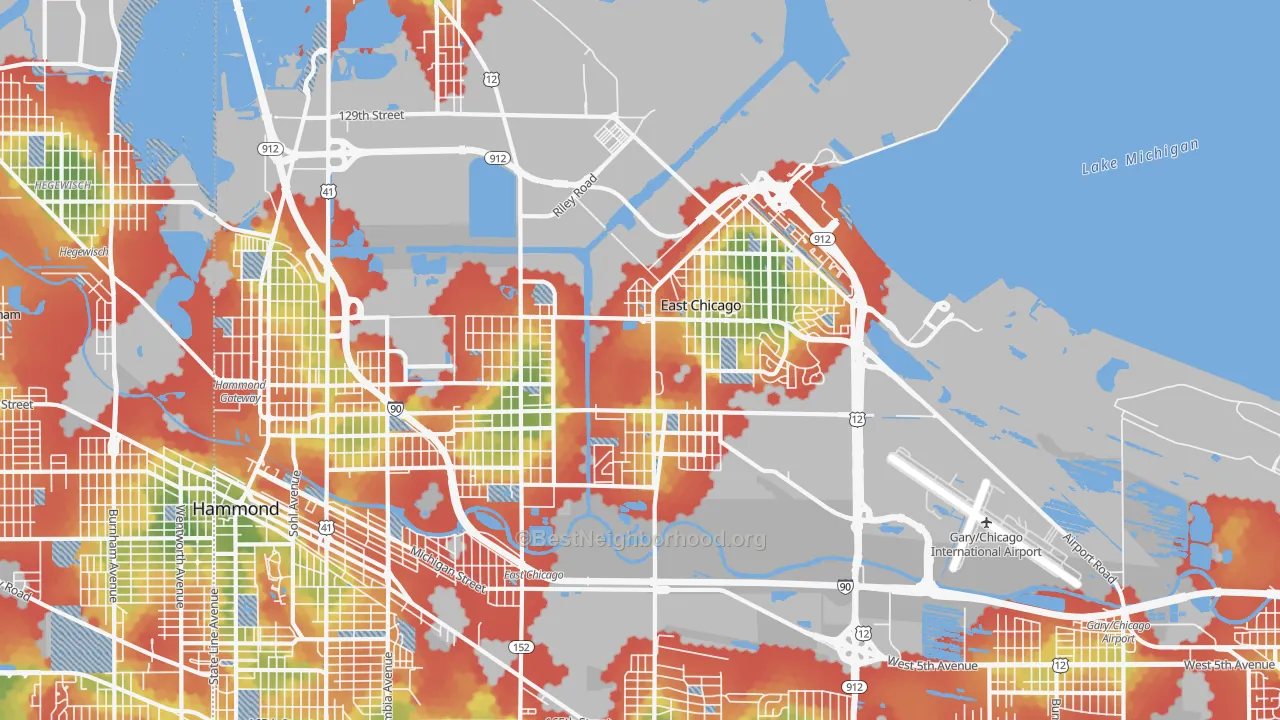 Walk Grade map of East Chicago, IN, walkable areas in green and car-dependent areas in red