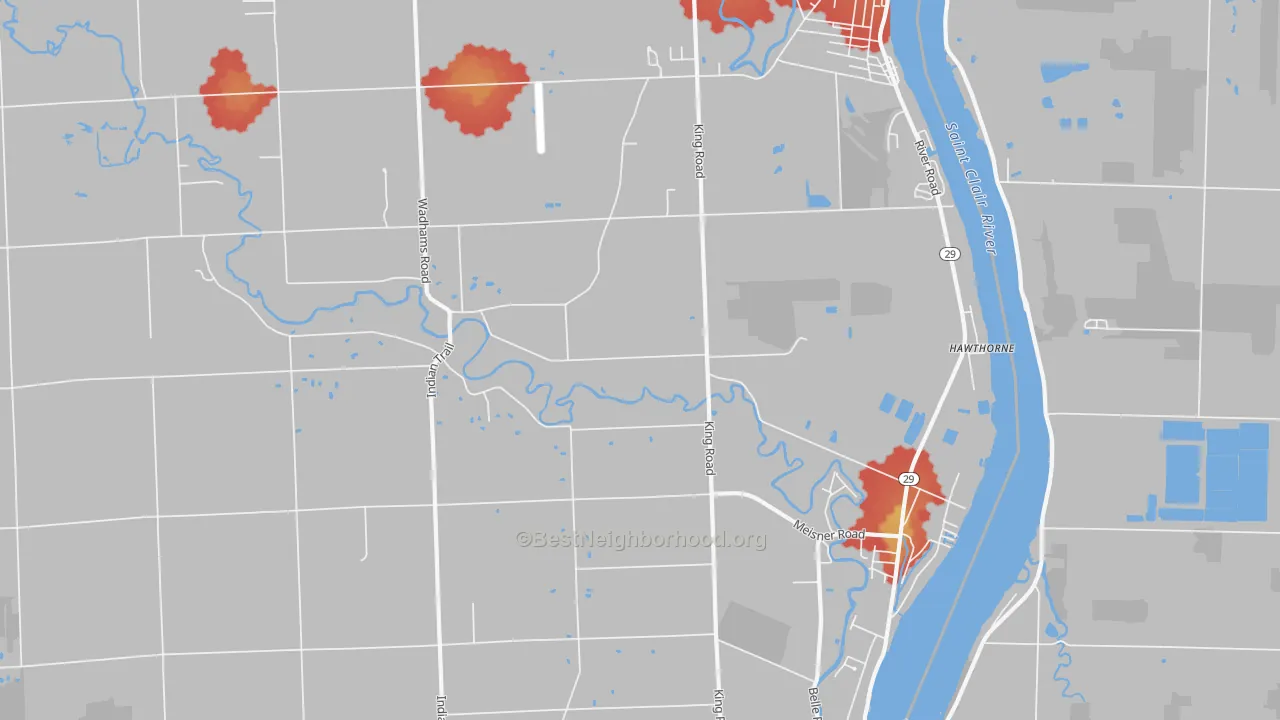Walk Grade map of East China, MI, walkable areas in green and car-dependent areas in red