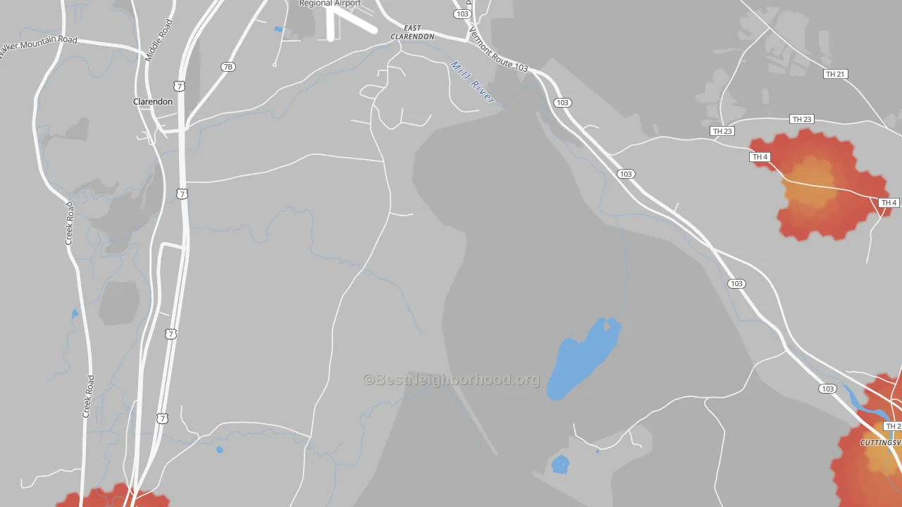 Walk Grade map of East Clarendon, VT, walkable areas in green and car-dependent areas in red