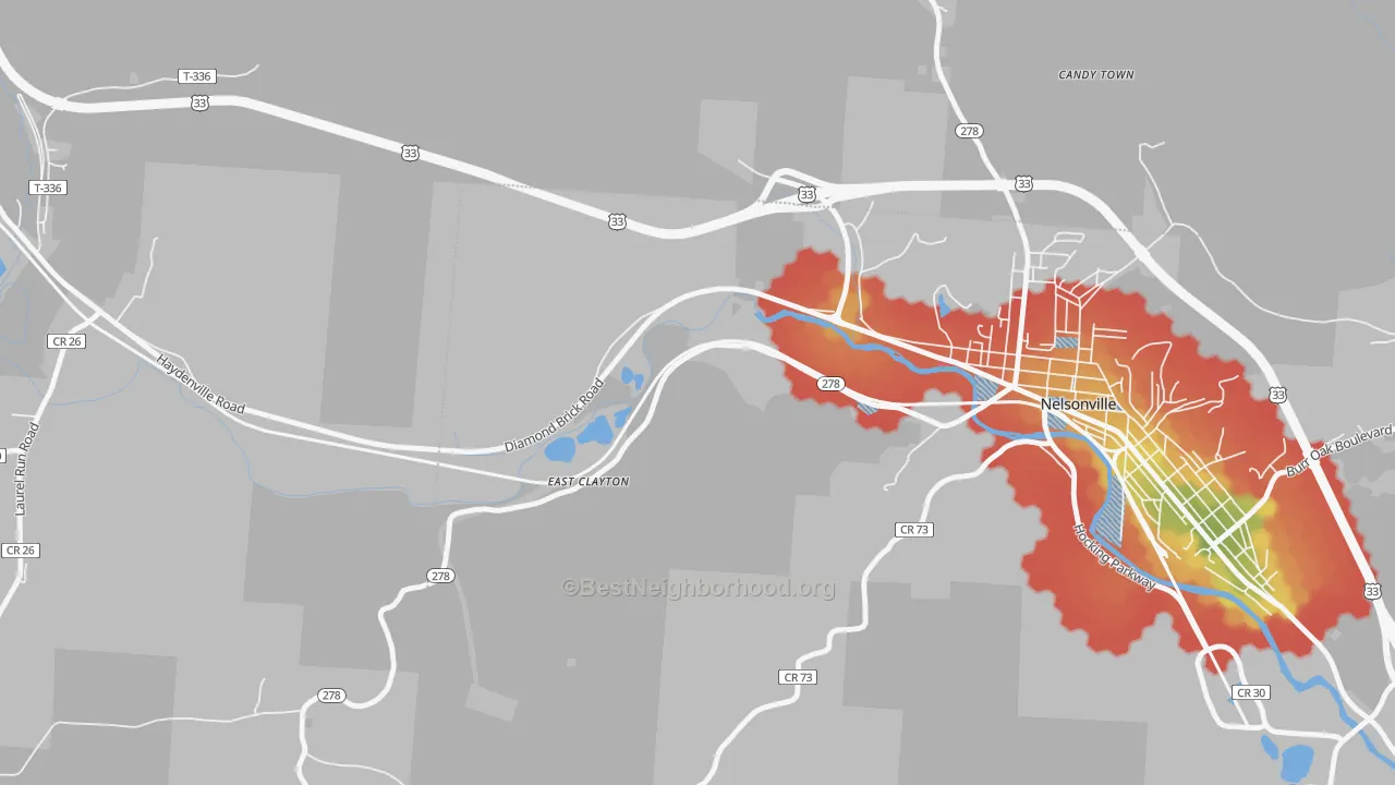 Walk Grade map of East Clayton, OH, walkable areas in green and car-dependent areas in red