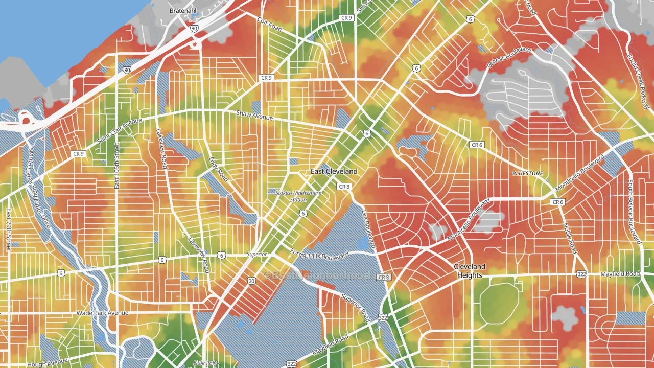 Walk Grade map of East Cleveland, OH, walkable areas in green and car-dependent areas in red