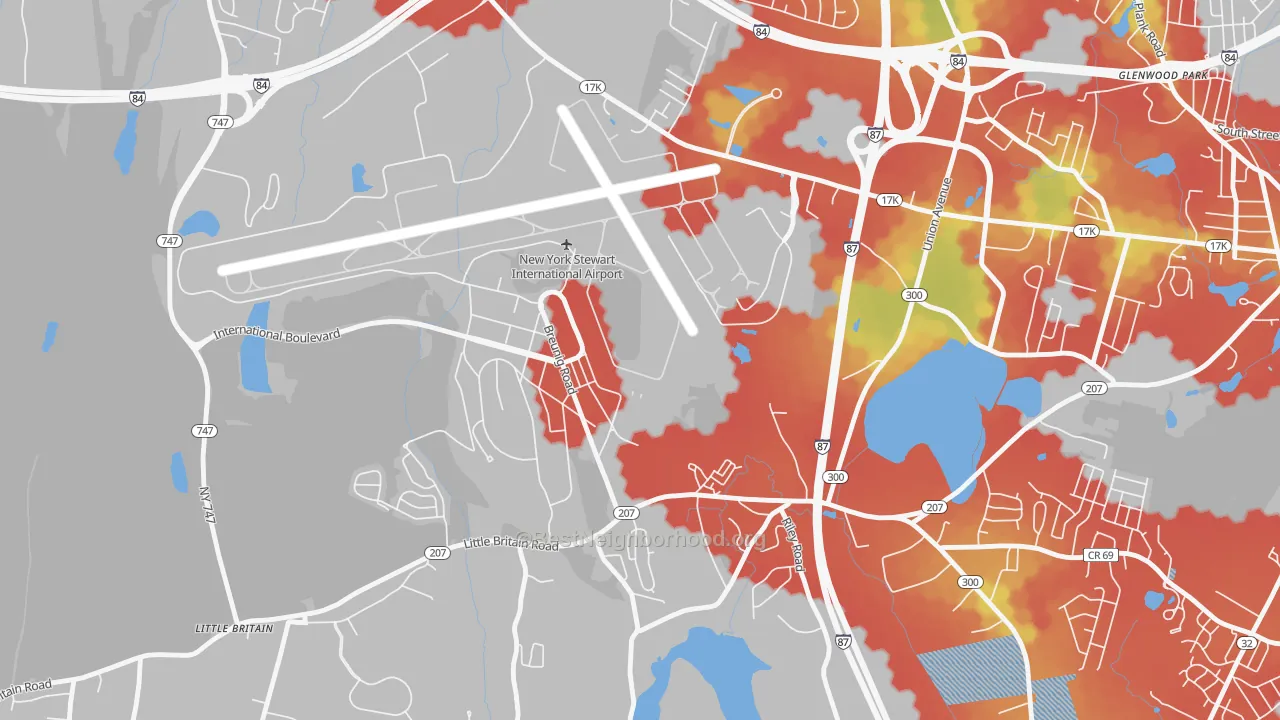 Walk Grade map of East Coldenham, NY, walkable areas in green and car-dependent areas in red