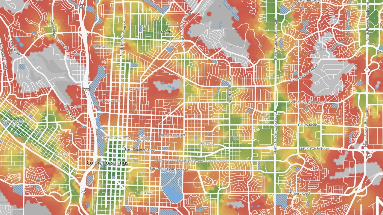 Walk Grade map of East Colorado Springs, Colorado Springs, CO, walkable areas in green and car-dependent areas in red