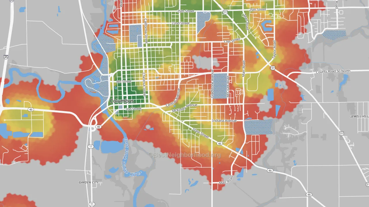 Walk Grade map of East Columbus, Columbus, IN, walkable areas in green and car-dependent areas in red