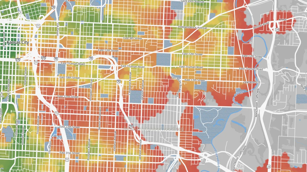 Walk Grade map of East Community Team North, Kansas City, MO, walkable areas in green and car-dependent areas in red