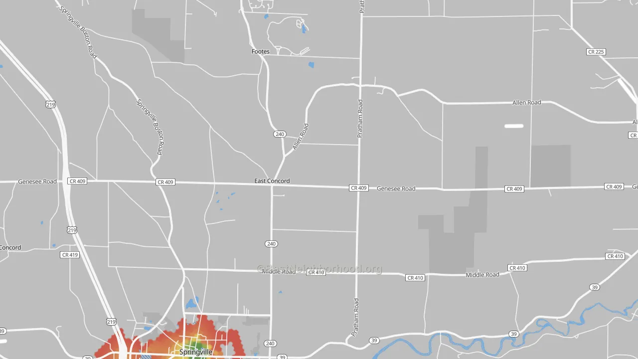 Walk Grade map of East Concord, NY, walkable areas in green and car-dependent areas in red