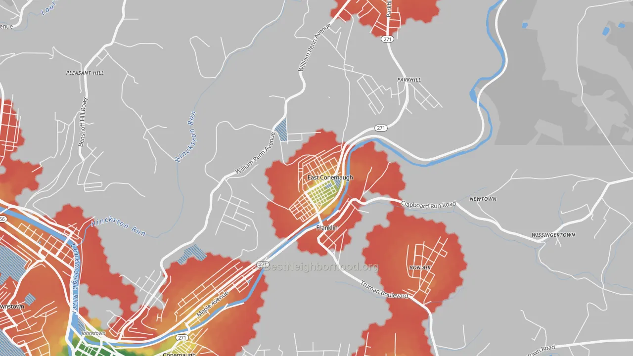 Walk Grade map of East Conemaugh, PA, walkable areas in green and car-dependent areas in red