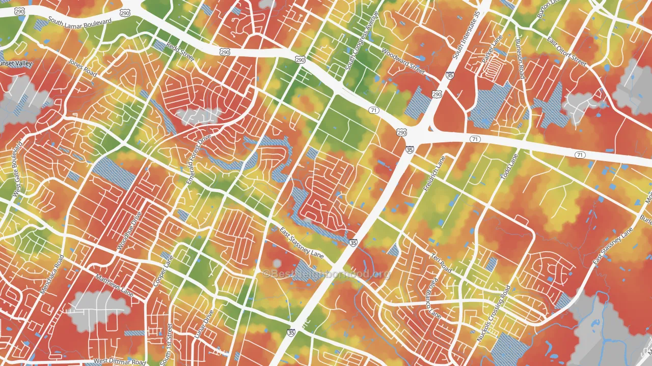Walk Grade map of East Congress, Austin, TX, walkable areas in green and car-dependent areas in red