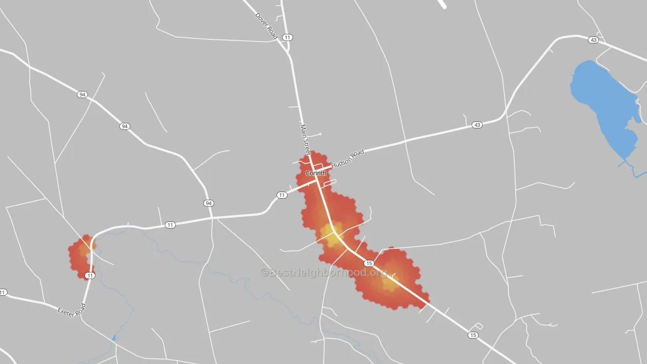 Walk Grade map of East Corinth, ME, walkable areas in green and car-dependent areas in red