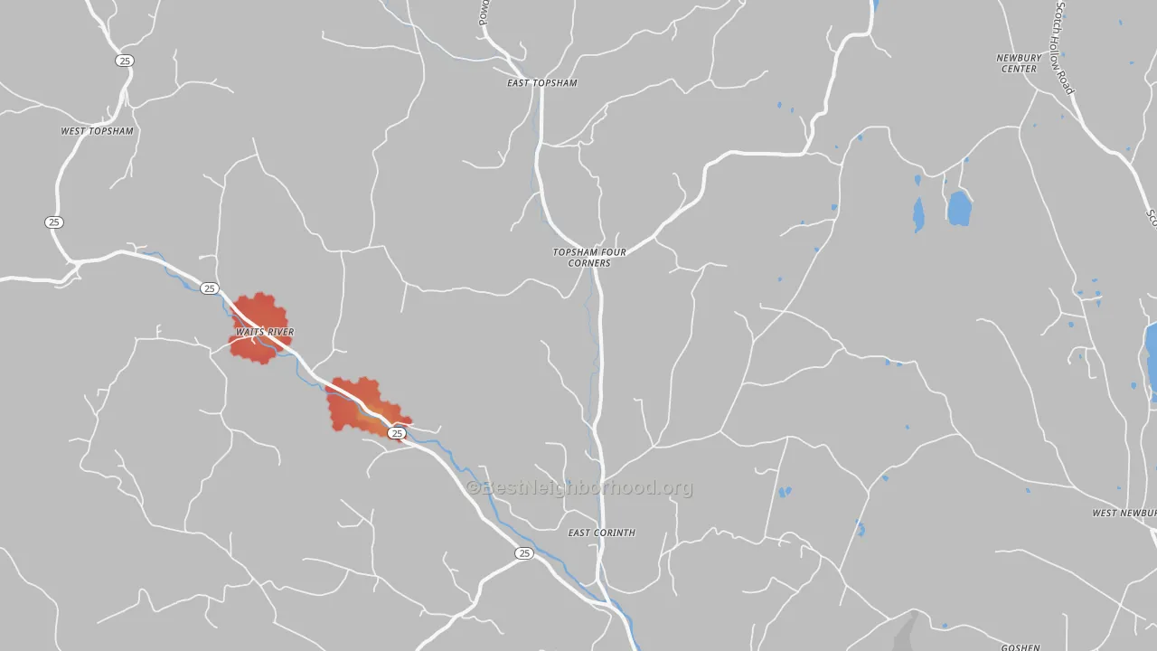 Walk Grade map of East Corinth, VT, walkable areas in green and car-dependent areas in red