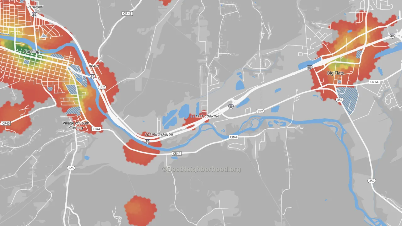 Walk Grade map of East Corning, NY, walkable areas in green and car-dependent areas in red