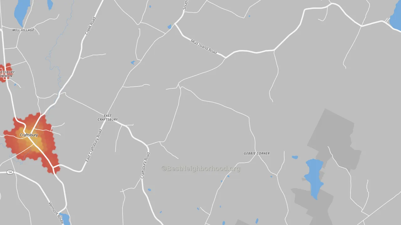 Walk Grade map of East Craftsbury, VT, walkable areas in green and car-dependent areas in red