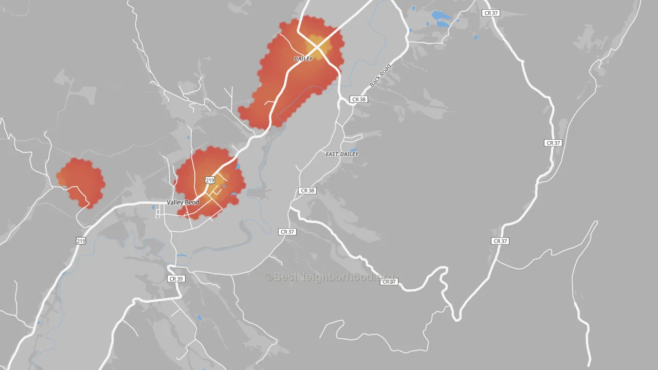 Walk Grade map of East Dailey, WV, walkable areas in green and car-dependent areas in red