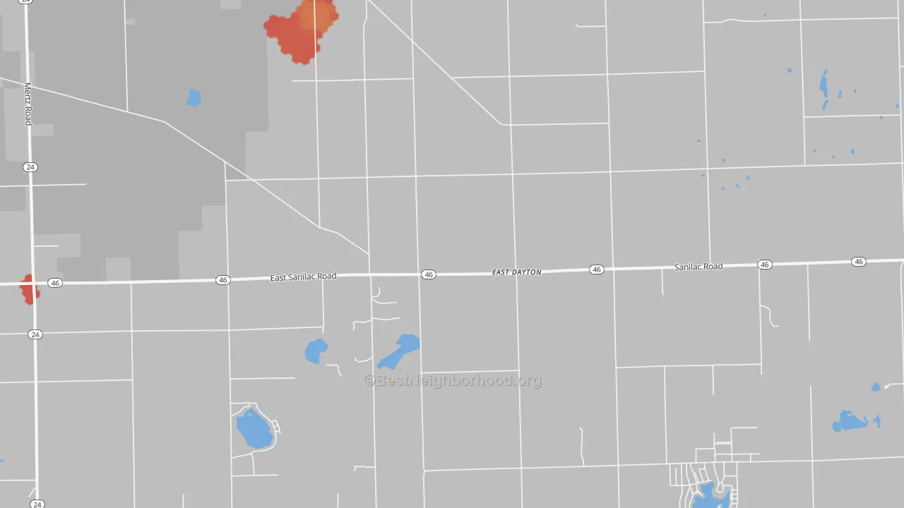Walk Grade map of East Dayton, MI, walkable areas in green and car-dependent areas in red