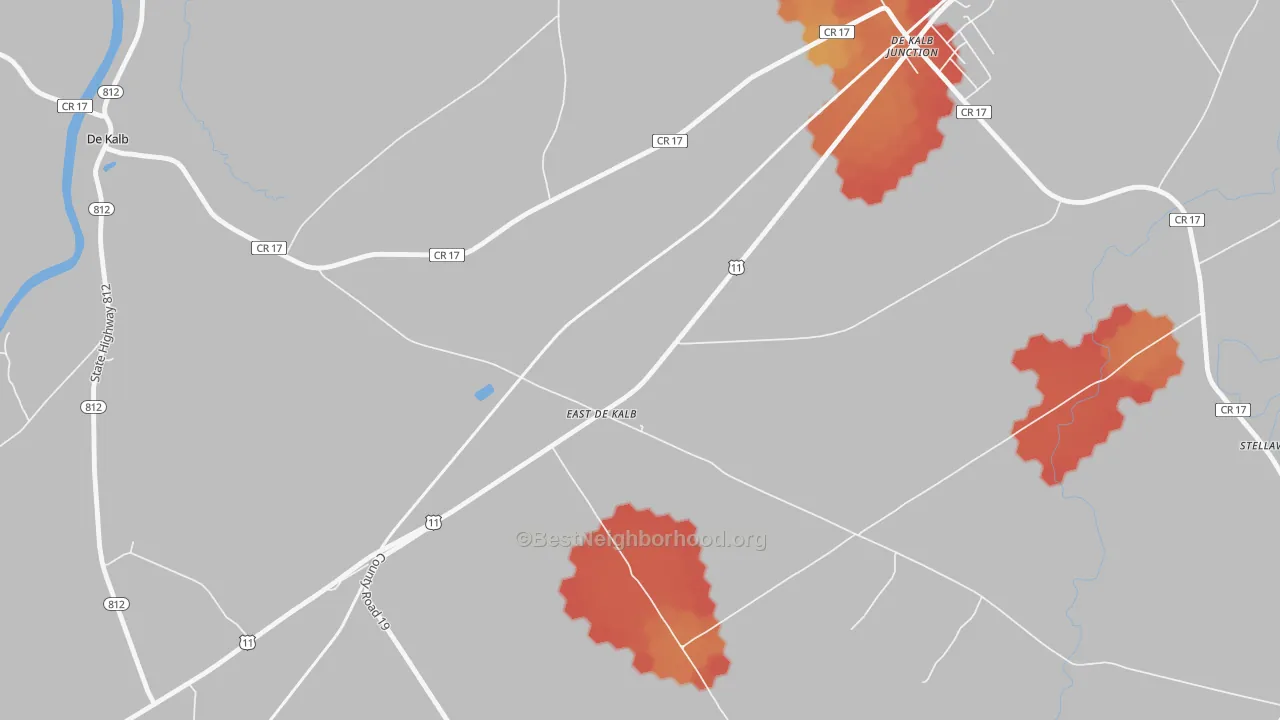 Walk Grade map of East De Kalb, NY, walkable areas in green and car-dependent areas in red