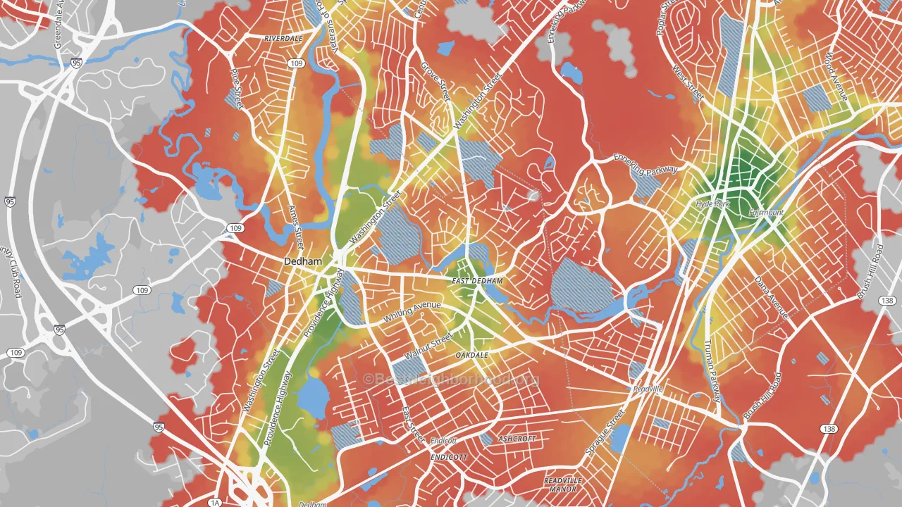 Walk Grade map of East Dedham, Dedham, MA, walkable areas in green and car-dependent areas in red