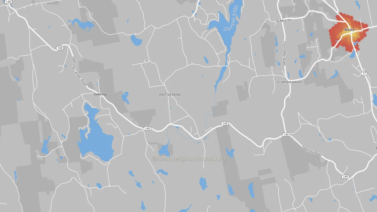 Walk Grade map of East Deering, NH, walkable areas in green and car-dependent areas in red