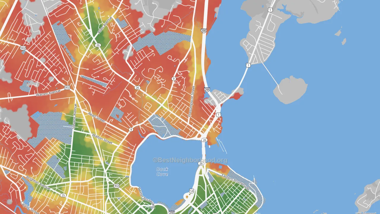 Walk Grade map of East Deering, Portland, ME, walkable areas in green and car-dependent areas in red