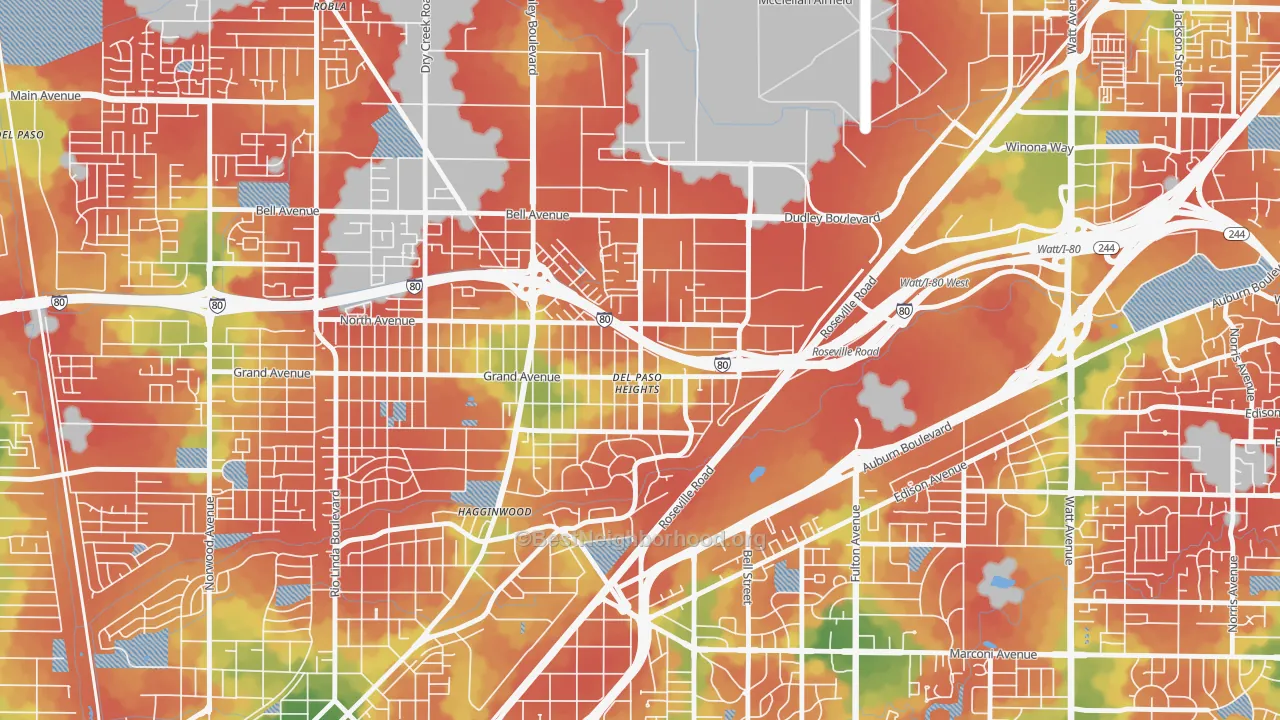 Walk Grade map of East del Paso Heights, Sacramento, CA, walkable areas in green and car-dependent areas in red