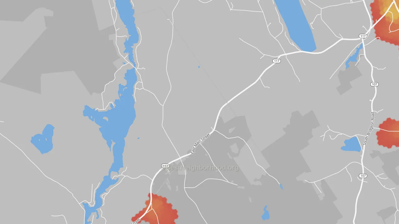 Walk Grade map of East Denmark, ME, walkable areas in green and car-dependent areas in red