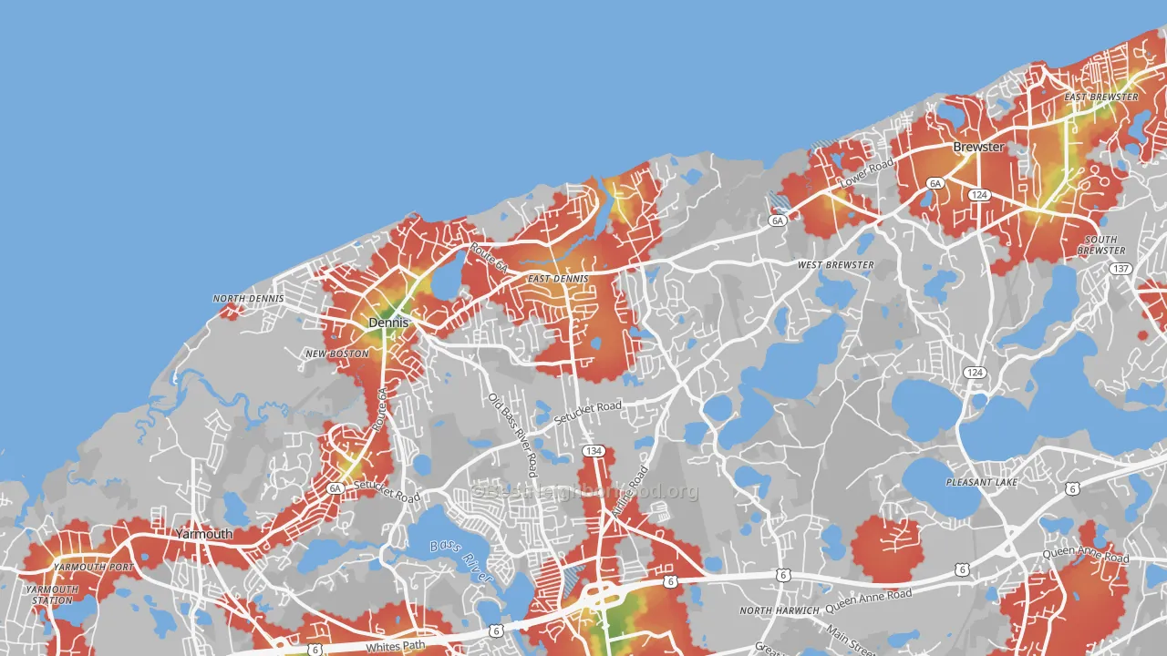 Walk Grade map of East Dennis, MA, walkable areas in green and car-dependent areas in red