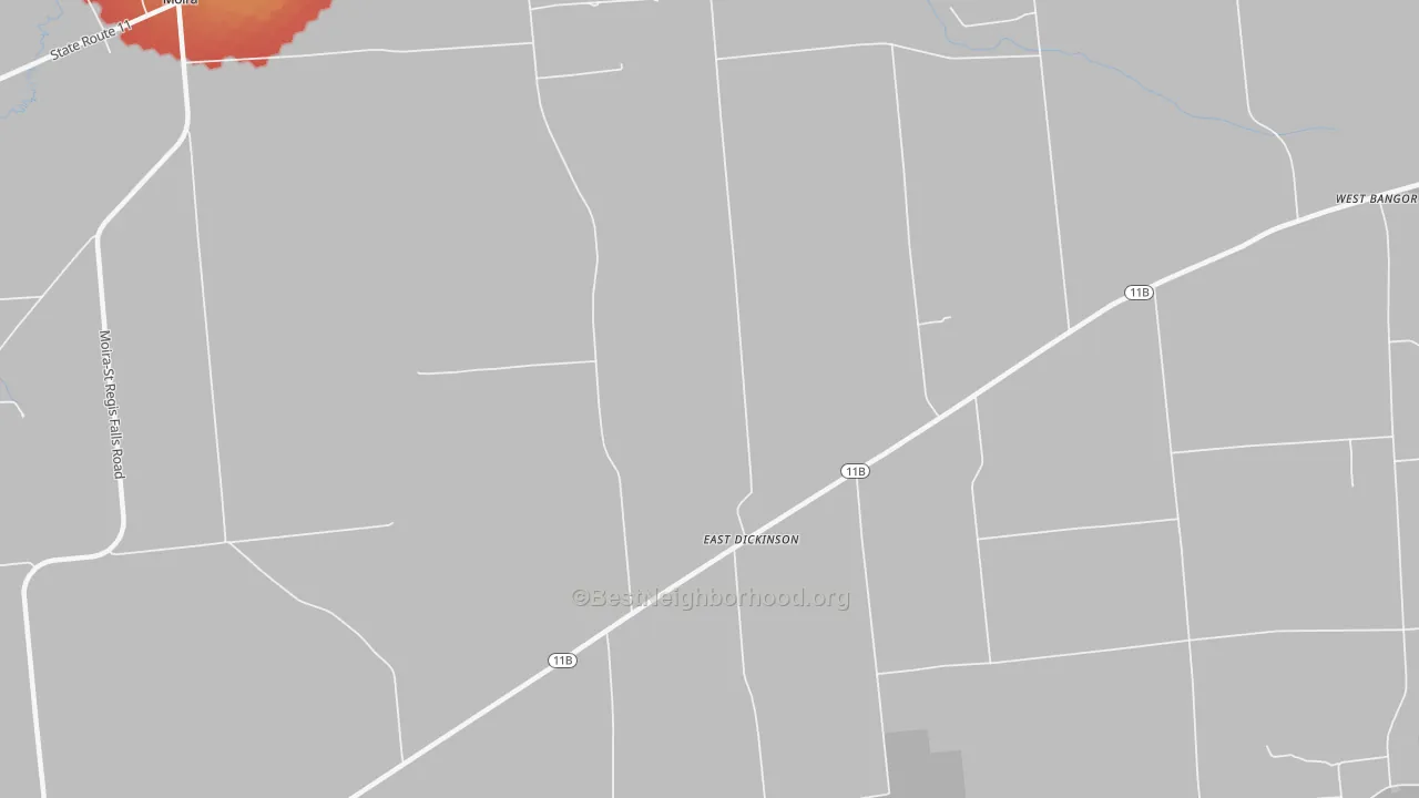 Walk Grade map of East Dickinson, NY, walkable areas in green and car-dependent areas in red
